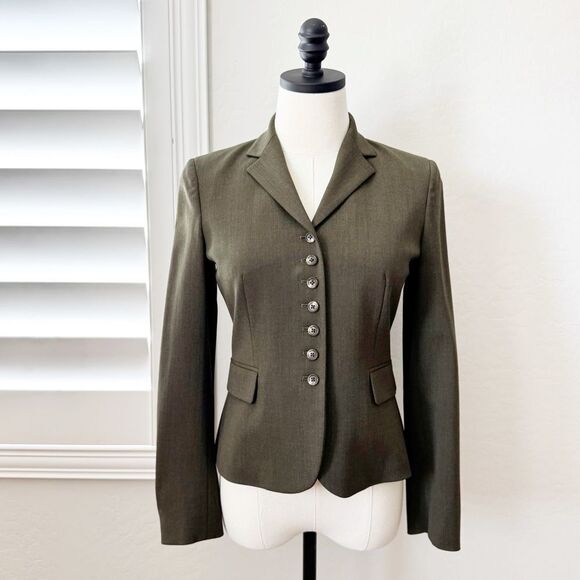 Ralph Lauren Women’s Logo Buttons Olive Green Wool Stretch Blazer Jacket Size 2P - Picture 1 of 13